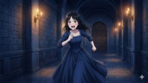 10歳のミスティア（黒髪のアジア人少女）が、夜の城の廊下を、狂気じみた形相で全力疾走している。彼女は、ノクター夫人の悲劇を防ぐため、両親にわがままを言って連れて行ってもらおうと、なりふり構わず親の部屋へ向かっている。彼女の小さな体からは、想像を絶する必死さが伝わってくる。