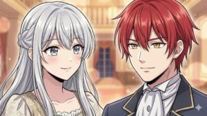 マンガ『やり直し転生令嬢はざまぁしたいのに溺愛される』の主要キャラクター、クラウディア（銀髪令嬢、image_0.png他の主人公）とアーノルト（赤髪黄金瞳の少年）の、繊細な作画で描かれた2ショット。前世の悲劇と今世の純愛が交錯する二人の、微妙な距離感と感情が伝わるイメージイラスト。