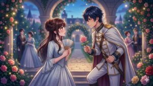 王宮のお茶会の日、迷い込んだ庭園で出会ったアレンとリリベル。アレンがリリベルに一目惚れする運命の瞬間。16:9。