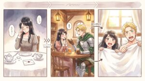 代替テキスト(alt): 聖女様の逆ハーレムから、あぶれた騎士様に あらすじ解説 - 婚約破棄から運命の出会いまでの流れ