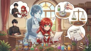 漫画「悪役令嬢って何をすればいいんだっけ？」見どころ②イメージ。カーナが前世の製薬会社研究員としての専門知識（無菌状態へのこだわりなど）を活かして製薬する様子を描いたイラスト。