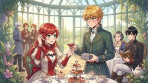漫画「悪役令嬢って何をすればいいんだっけ？」第3話イメージ。王妃のお茶会で、ジェイス王子が不器用な優しさ（ツンデレ）を見せ、カーナに赤いバレッタをプレゼントするシーンを描いたイラスト。