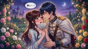 ハートウェル家の庭園で、リリベルをそっと抱きしめ、頬にキスをするアレン。リリベルが「尊い…！」と悶絶する神シーン。16:9。
