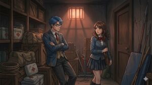 閉じ込められた薄暗い倉庫の中：木箱や体育用具が乱雑に置かれた光の差し込まない密室で、戸惑う少女と不機嫌そうに腕を組む眼鏡をかけた青髪の少年の姿