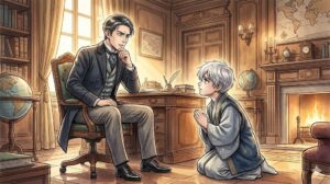 6歳のリッドが父ライナーに資金援助と家庭教師を直談判する場面のイメージイラスト／感動の親子シーン