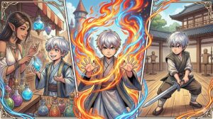 リッド・バルディアがビジネス・魔法・剣術の三刀流で成長する様子を描いたイメージイラスト