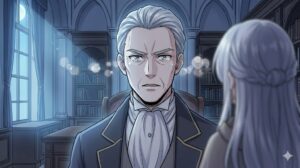 マンガ『やり直し転生令嬢はざまぁしたいのに溺愛される』に登場するベイフォード公爵（クラウディアの父、image_2.png）。冷徹な表情の裏で、亡き妻に瓜二つの娘を直視できず、心の声で「命懸け」の深愛を滲ませる、不器用でロマンチストな父親のイメージイラスト。