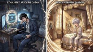 乙女ゲームオタクのサラリーマン神田が異世界転生し悪役モブ・リッド・バルディアになる場面のイメージイラスト