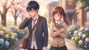 学園の寮で再会した15歳のアレンとリリベル。制服姿で照れる二人の繊細な表情が美しい。16:9。
