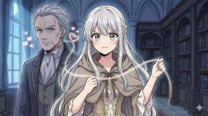 マンガ『やり直し転生令嬢はざまぁしたいのに溺愛される』のあらすじイメージ。14歳に逆行転生したクラウディア（銀髪令嬢、image_0.png、image_1.pngの主人公）が、マントを羽織り、父親（冷徹に見える公爵）の本心を「心の声」能力（見えない光の糸）で探り、彼が不器用な愛を隠していることに気づくシーンを、繊細なファンタジー・ゴシック調で描いたイラスト。