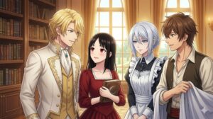 豪華な図書室に集まった主要キャラクター4人（アジア人）。左からレイド（金髪）、ミスティア（黒髪）、メロ（銀髪）、エリク（茶髪、白い布を手に）。彼らは穏やかに微笑み合い、これから始まる波乱万丈な物語と、深まっていく絆を感じさせる、希望に満ちた1枚。