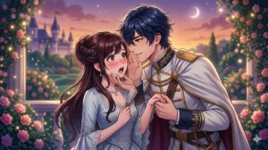 『乙女ゲームのモブなのに、なぜか推しに愛を囁かれています！』コミックス1巻の表紙イメージ。華やかなドレス姿のリリベルに、イケメン騎士のアレンが優しく愛を囁く胸キュンシーン。