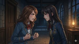 深夜の薄暗い廊下での対峙：感情を剥き出しにして睨み合う、2人の制服姿の少女。張り詰めた空気が漂う夜の学舎の内装