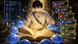転生賢者の異世界ライフ｜スライムが魔導書を読んで主人公にスキルが転送されるシーンのイメージ