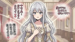 マンガ『やり直し転生令嬢はざまぁしたいのに溺愛される』の主人公クラウディアが、転生後に「好意を持つ人の心の声が聞こえる」能力に気づき、驚きつつも周囲の本心を知る瞬間の表情を捉えた、繊細な作画のイメージイラスト。
