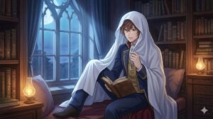 茶髪で緑目の静かな青年、エリク・ハイム（アジア人男性）が、月光が差し込む城の図書室の窓辺に座り、古い本を広げている。彼は頭から白い布をかぶり、幽霊のような姿で、静寂と孤独を愛する繊細な横顔を見せている。彼の隣には、彼が大切に収集している古風な銀の鍵が置かれている。