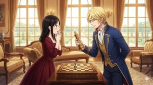 ミスティア（赤いドレスのアジア人女性）が婚約者のレイド（金髪のアジア人男性）と対面し、彼が予期せぬチェス対決を提案してくるシーン。ミスティアは驚きと戸惑いの表情を浮かべている。