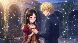 桜吹雪が舞う黄昏時の庭園で、ミスティア（黒髪のアジア人女性）の手を、レイド（金髪のアジア人男性）がそっと握り、優しく微笑みかけている。ミスティアは驚きと戸惑い、そして彼への愛おしさが入り混じった複雑な表情で彼を見つめており、二人の距離が急接近した瞬間が描かれている。