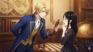 金髪のイケメン王子のレイドが、婚約解消を迫るミスティアに対して、なぜかチェスを持ち出して対決を挑んでいる。コミカルな表情のミスティアが印象的。