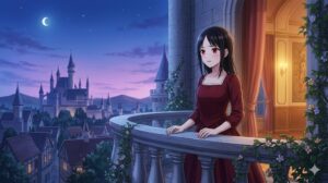 悪役令嬢ミスティア・アーレン（赤い瞳と黒髪のアジア人女性）が、黄昏時の城のバルコニーから遠くを眺めている。彼女の表情は複雑で、破滅ルート回避への決意と一抹の不安が感じられる。