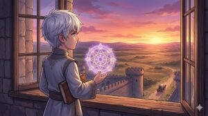 母を救う決意を胸に未来を見据えるリッド・バルディアのイメージイラスト／悪役モブ転生漫画まとめビジュアル