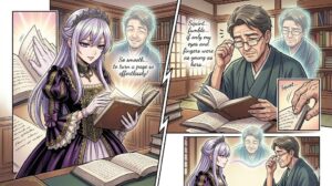 本をめくる際、若い体の滑らかさに感動するグレイスと、老眼と指の乾燥に悩む屯田林恵三郎の対比