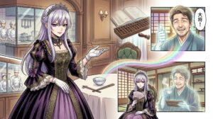 食堂でシェフへ感謝を伝えるグレイス。内心の「大将、うまかった！」という言葉が、優雅な言葉と所作に変換されている。