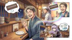大衆食堂で「大将、ごちそうさま！」と元気よく声をかける、転生前の屯田林恵三郎おじさんの満面の笑み