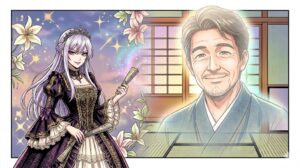 麗しい銀髪の悪役令嬢と微笑む日本人中年男性のユニークな対比を描いたアイキャッチ画像